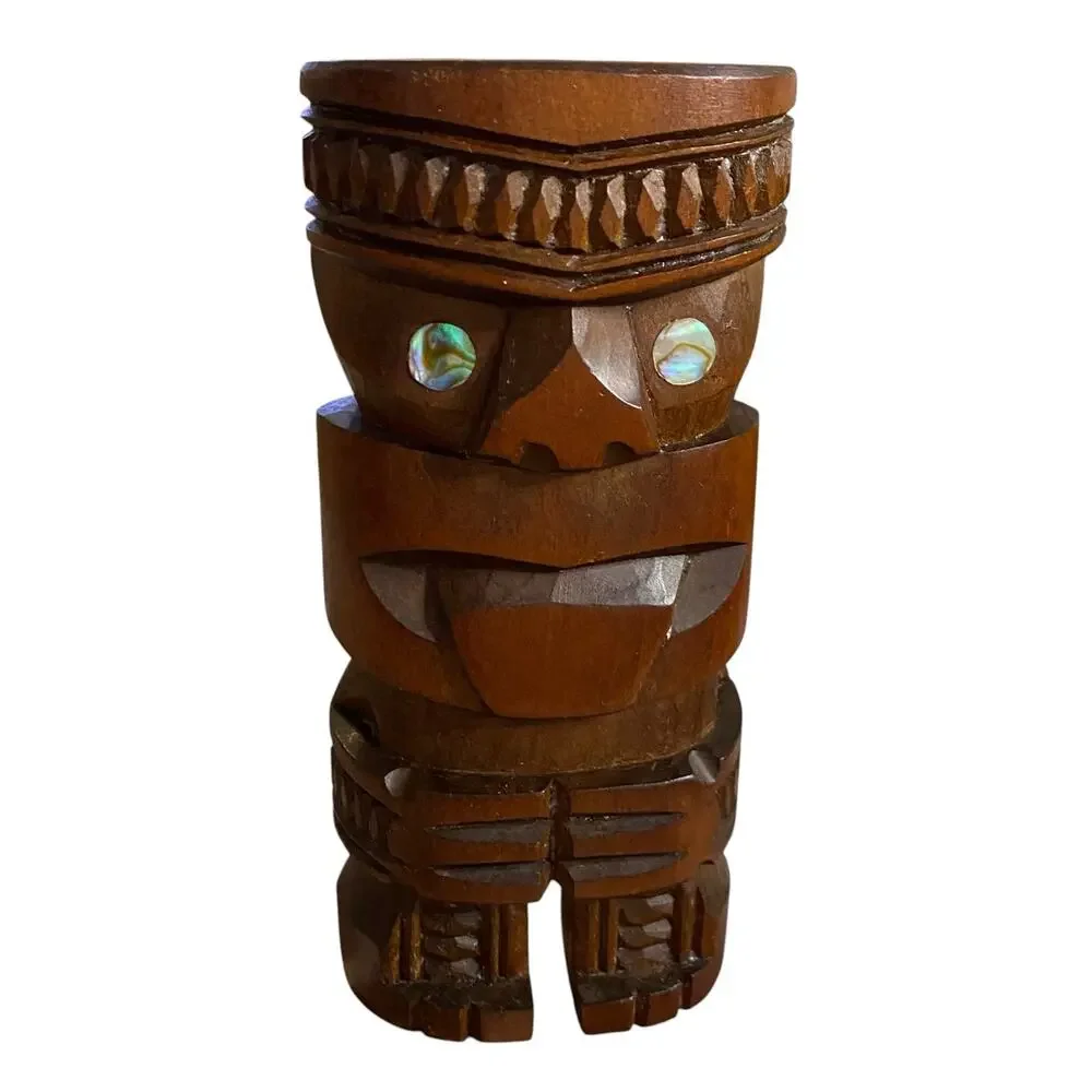 Vintage Maori Teko Wood Carved Tiki Figure New Zealand Abalone Eyes 5